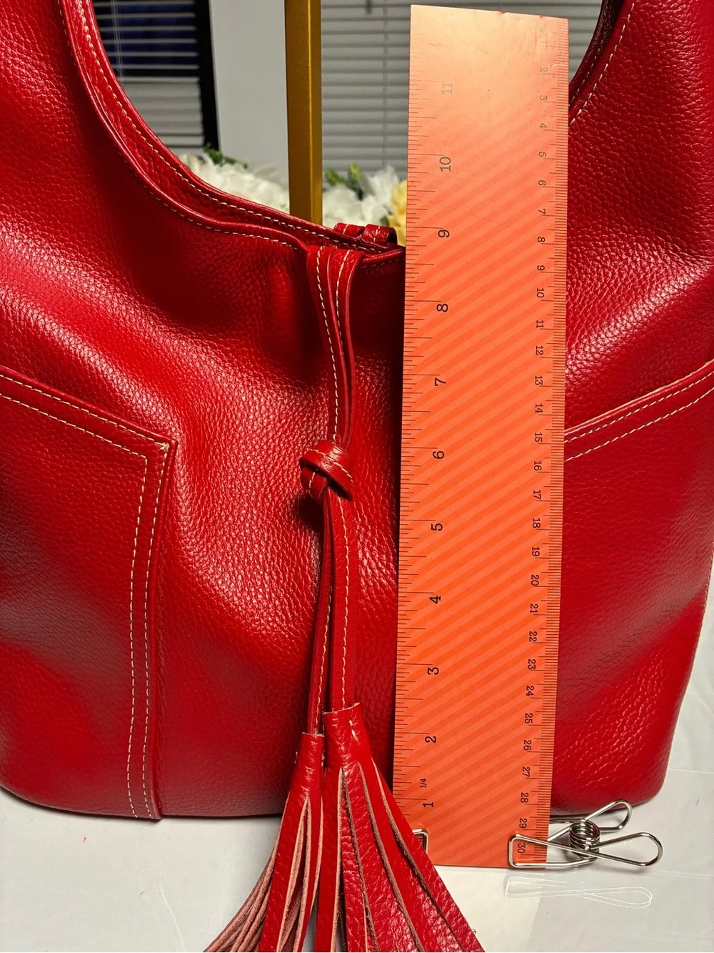 LAGGO Andrea Pebbled Leather Hobo Shoulder Bag Red Tassel Front Pockets Large